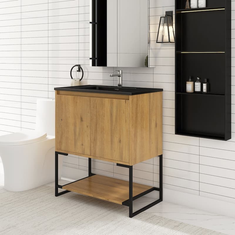 Freestanding Bathroom Vanity Set in Oak with Integrated Solid Surface Sink