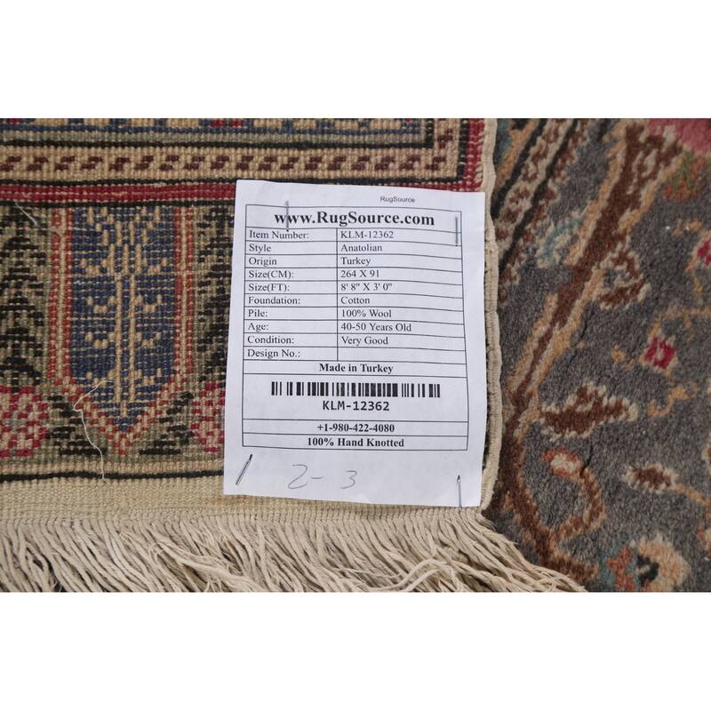 Vintage Anatolian Turkish Oriental Runner Rug Hand-knotted Wool Carpet - 3'0" x 8'8"