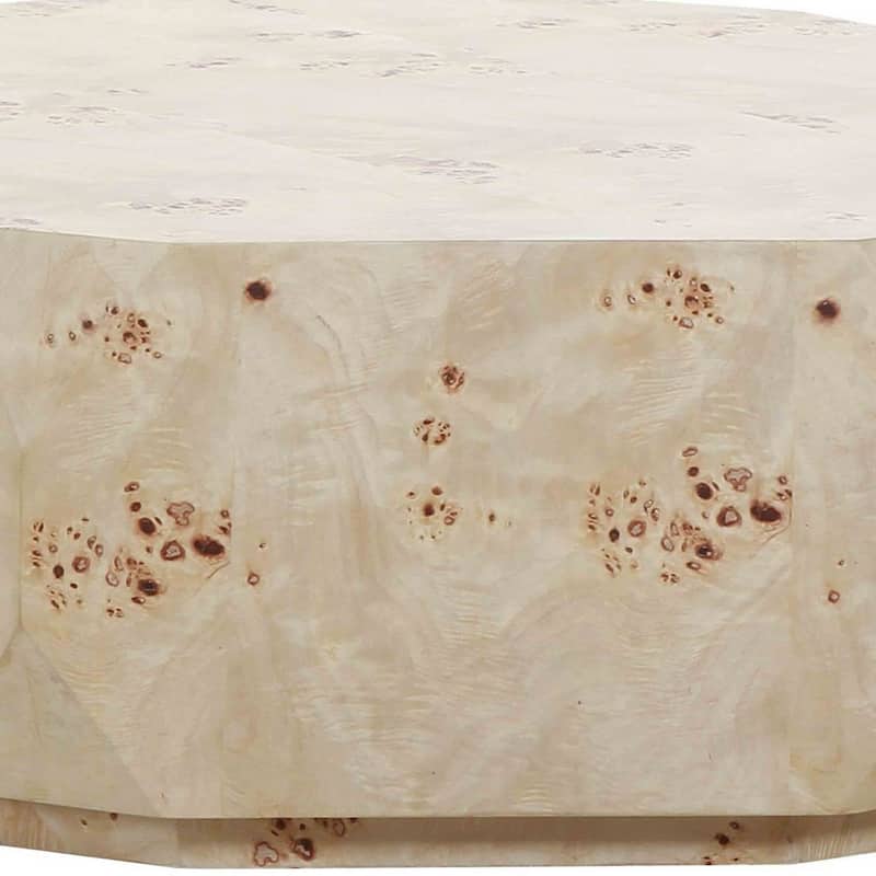 Cid Hy 45 Inch Coffee Table, Irregular Burl Wood Veneer Drum, Natural Brown