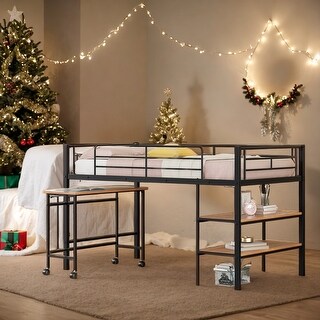 Twin Size Metal Loft Bed with Desk and Shelves