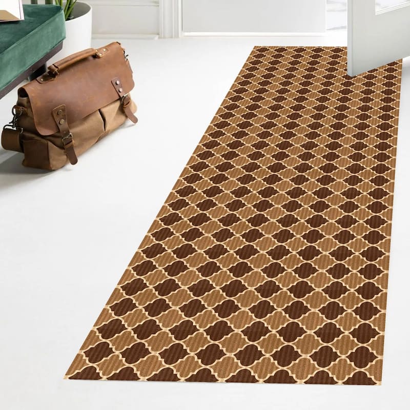 Indoor/Outdoor Custom Size Low Profile Runner Rug with Non-Slip PVC Backing - Water Resistant-Black-Brown-Beige Color-Trellis - 36''X14' - Beige&Brown