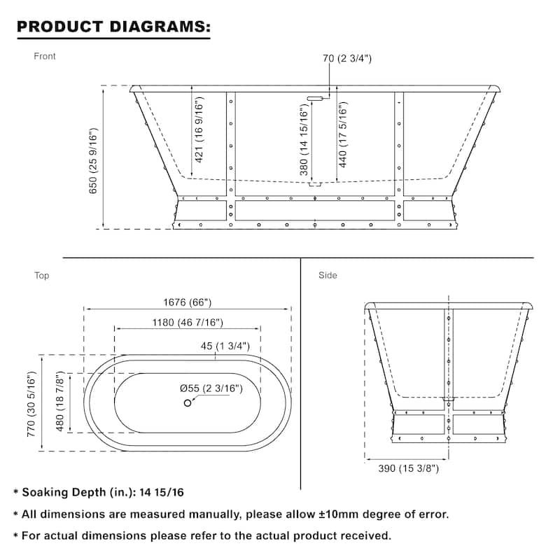 66'' W,73 GALLONS Freestanding Acrylic Soaking Bathtub With Drain And Overflow Holes