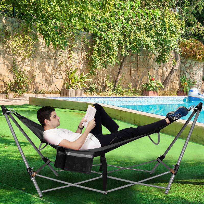 Gymax Folding Hammock Indoor & Outdoor Hammock with Side Pocket & Iron