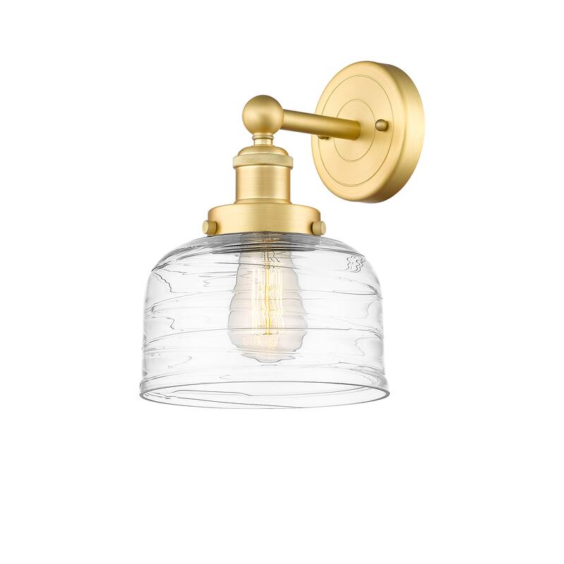 Innovations Lighting Large Bell - 1 Light 7" Sconce - Satin Gold/Clear Deco Swirl