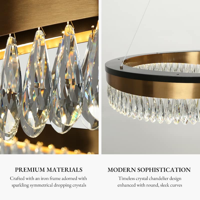Modern 1-Light LED Crystal Chandelier Black Gold Drum Lights for Living Dining Room - D31.5" x H6"