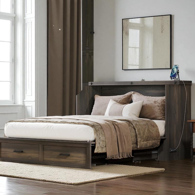 Queen Farmhouse Murphy Cabinet Bed with Charging Station and Large Storage Drawer, Foldable Space-Saving Platform Bed