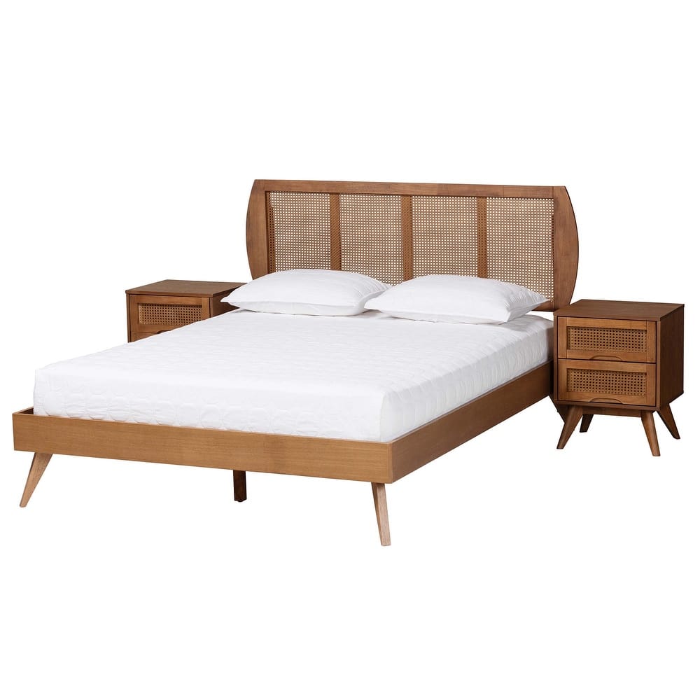 Asami Mid-Century Modern Walnut Brown Finished Wood and Woven Rattan 3-Piece/4-Piece/5-Piece Bedroom Set (Multiple Bed Sizes)