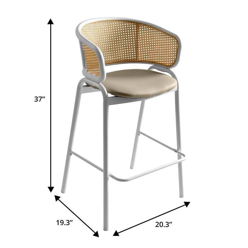 LeisureMod Ervilla Modern Wicker Leather Bar Stool with Curved Back & White Stainless Steel Frame for Home & Kitchen
