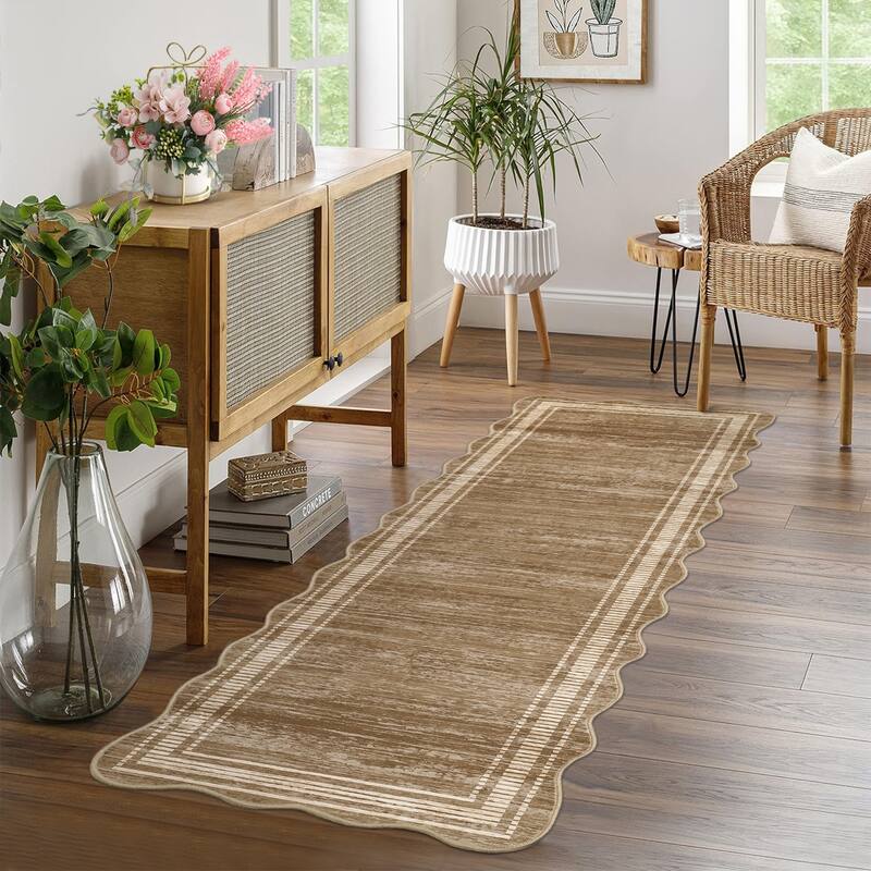Washable Scalloped Area Rugs, Modern Bordered Living Room Rugs for Bedroom