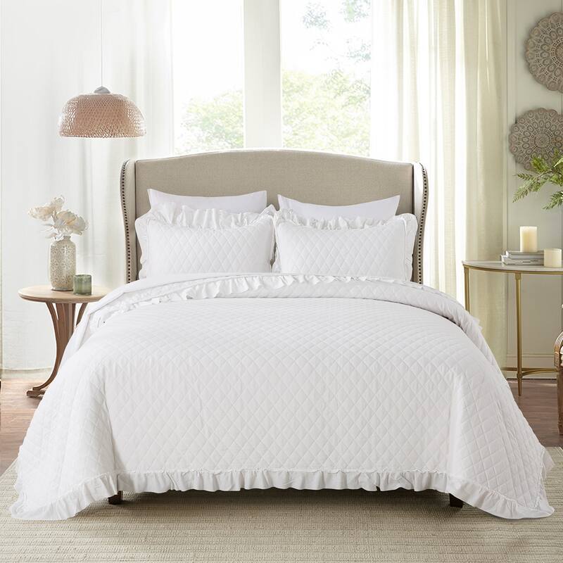 3 Piece Ruffle Quilt Set Lightweight Bedspreads Coverlet - White - King
