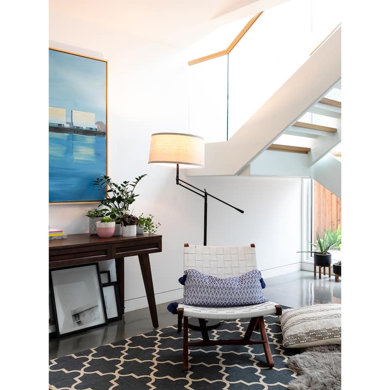 Brightech Ava 61 in. Classic Black Mid-Century Modern Height Adjustable LED Floor Lamp with Beige Fabric Drum Shade