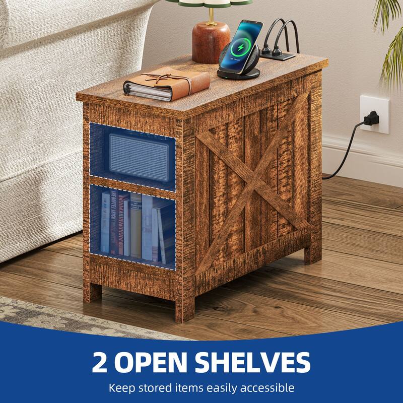 Moasis Farmhouse End Side Table with Charging Station & Storage Shelves 2 Power outlets & 2 USB Ports