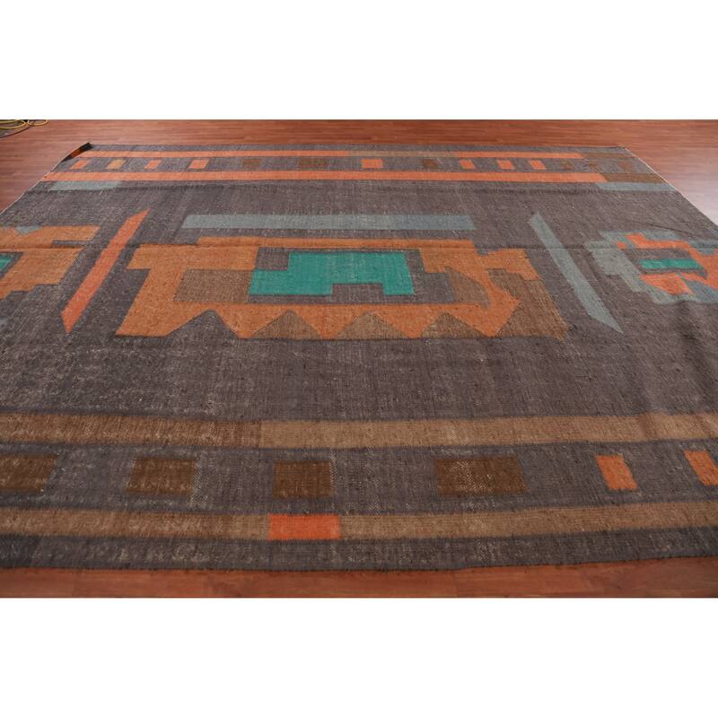Hand Woven Oriental 100% Jute Carpet Southwestern Modern Greys & Charcoal Kilim Area Rug - 14' 0'' X 10' 7''