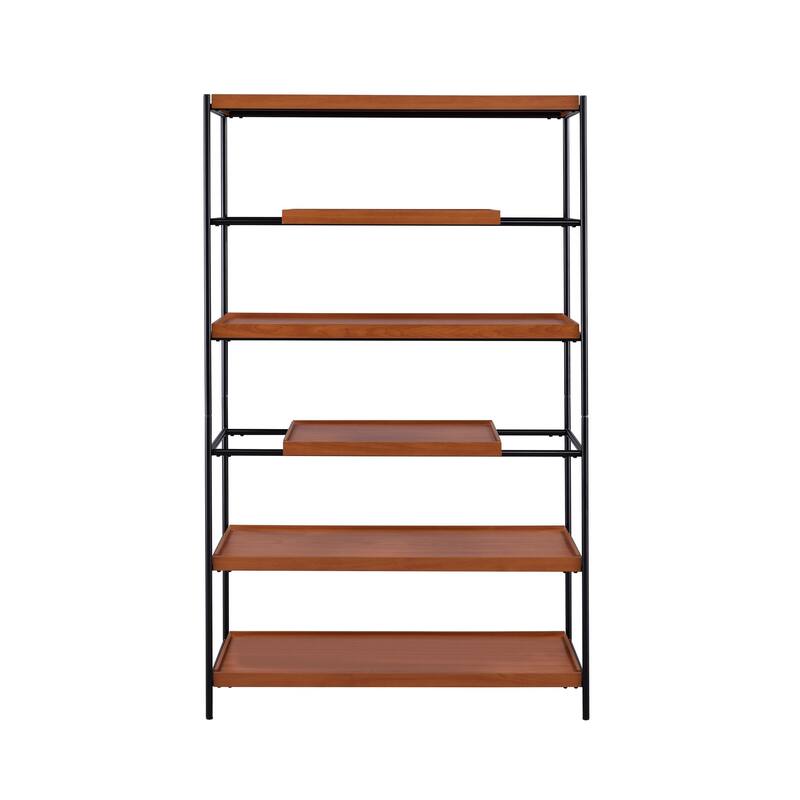 5 Tier Wooden Bookshelf with Open Metal Frame, Oak Brown and Black