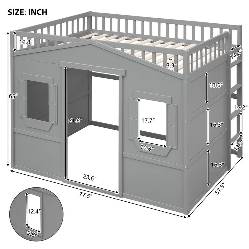 Full Size House Loft Bed, Wood House Bed Frame with Windows, Child Loft Bed with Ladder and Safety Guardrails