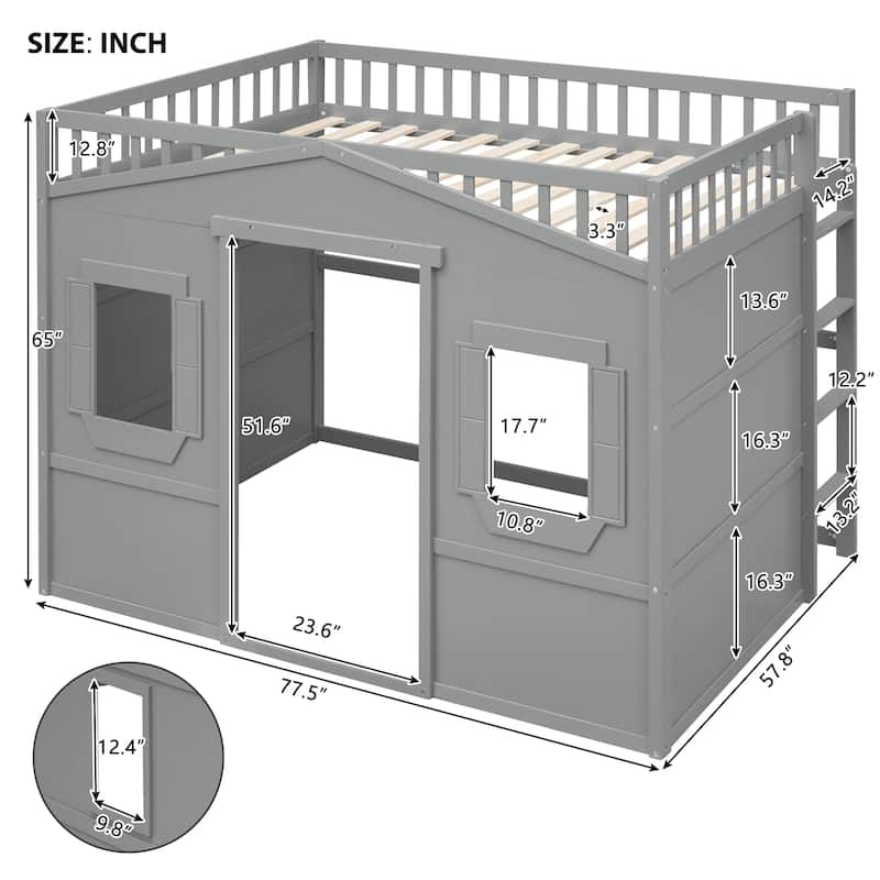 Solid Wood House Loft Bed with Ladder for Kids