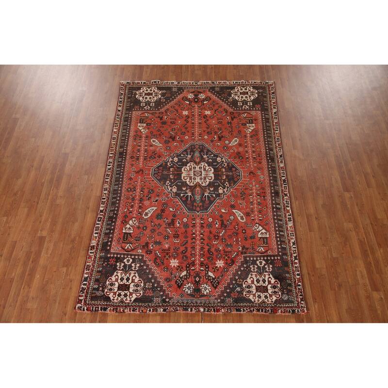 Vegetable Dye Handmade Shiraz Persian Vintage Rug Orange Wool Carpet - 6'2"x 9'4"