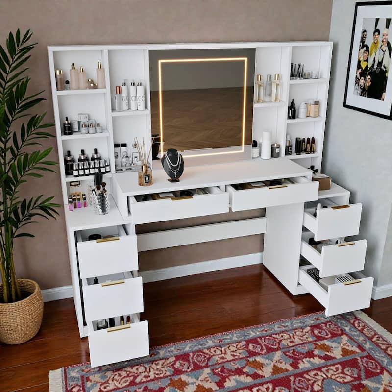 59" Makeup Vanity Desk with Mirror and LED Lights, White Dressing Table with 8 Drawers and Open Storage