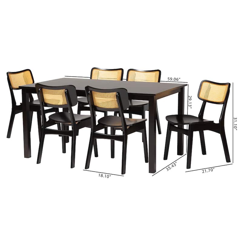 Estera Mid-Century Modern Wood and Rattan 7-Piece Dining Set