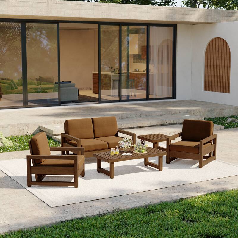 5-Piece Outdoor Solid Teak Wood Patio Conversation Set