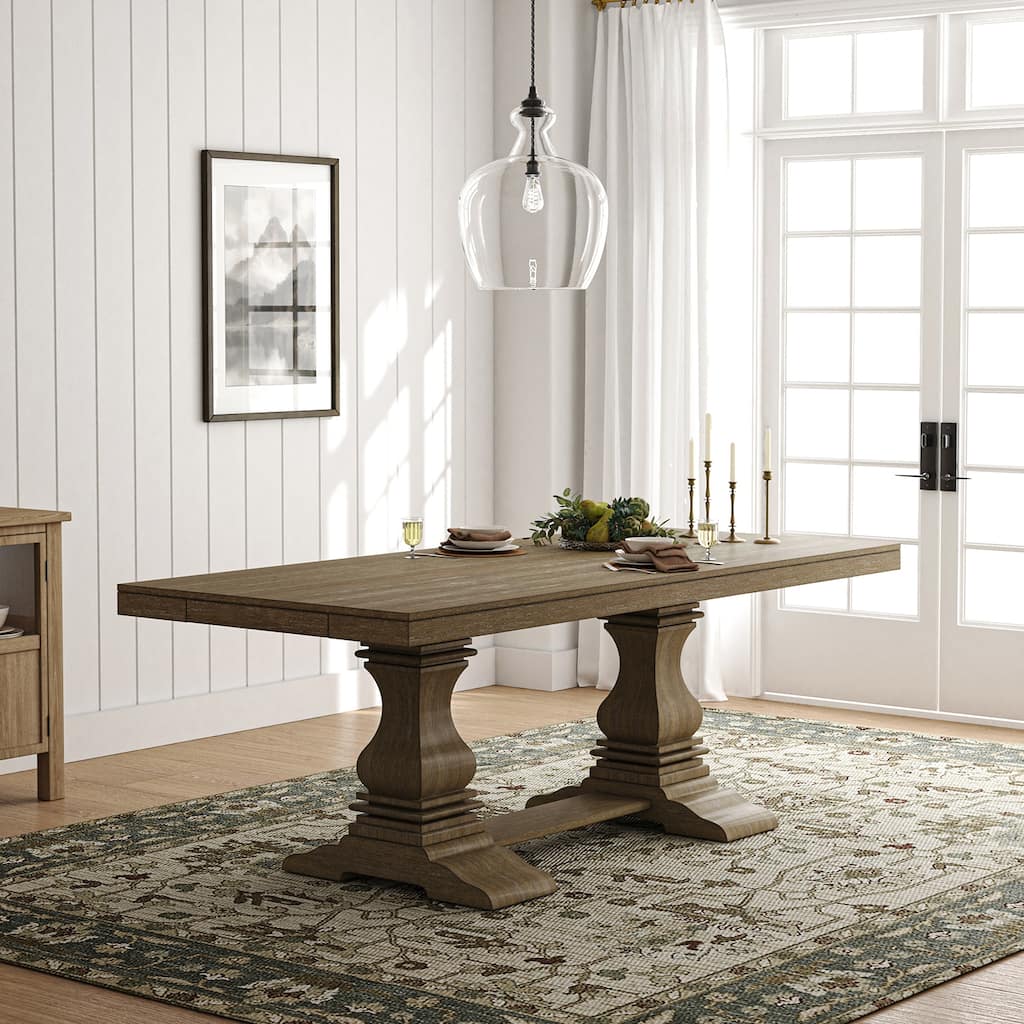 Pawel 86" Farmhouse Double Pedestal Dining Table with Two Built-in Divided Drawers by HULALA HOME