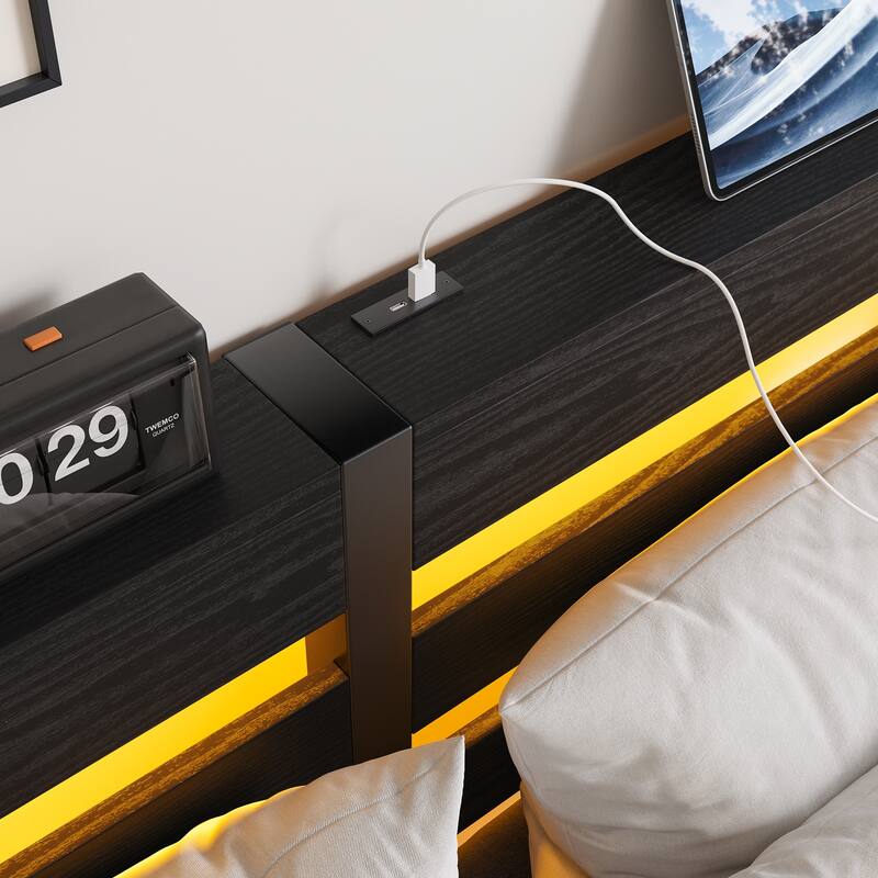 Metal Bed Frame Slats Platform Bed Open Frame with RGB LED Light and 2 USB Ports, Wooden Headboard, No Box Spring Needed