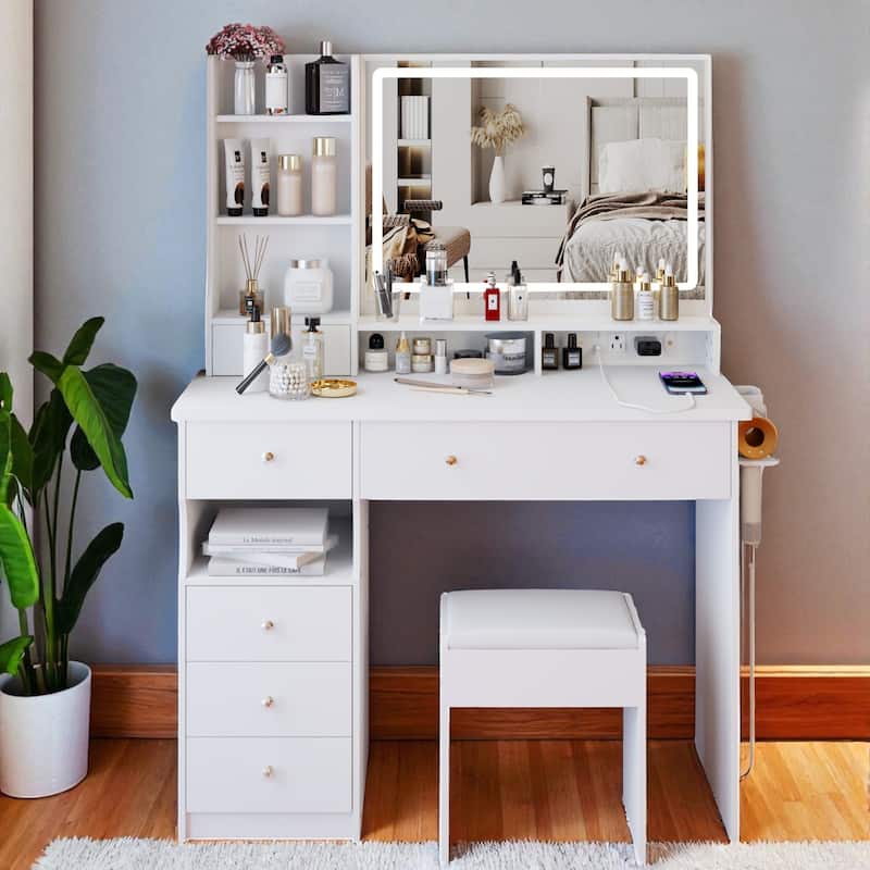 Makeup Vanity with Lighted Mirror, 41" Dressing Table with Charging Station, Cushioned Stool & Storage Drawer - White