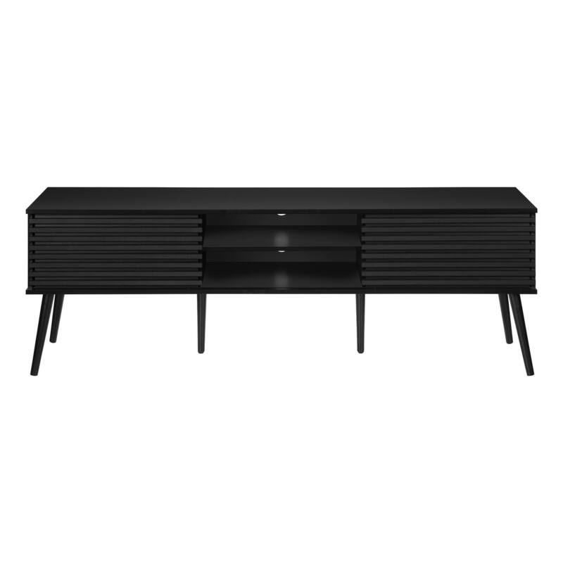 72-Inch TV Stand, Black Laminate, Solid Wood Legs, Media Console with Sliding Doors & Storage Shelves for Living Room