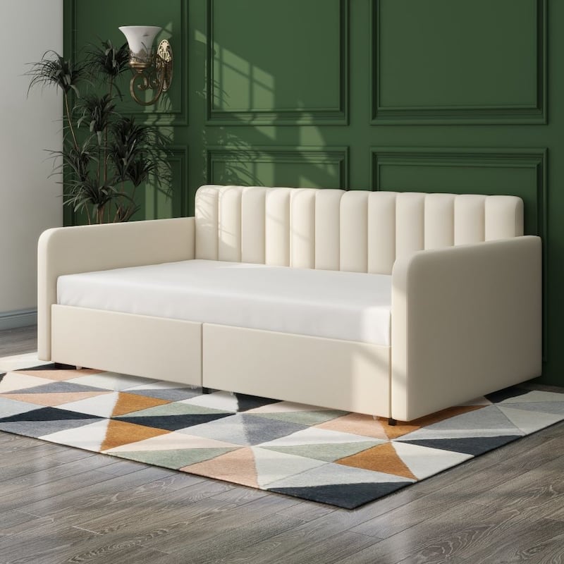 Upholstered Daybed with 2 Drawers, Twin, Ivory Velvet, Ribbed Tufted Backrest - Twin - Ivory
