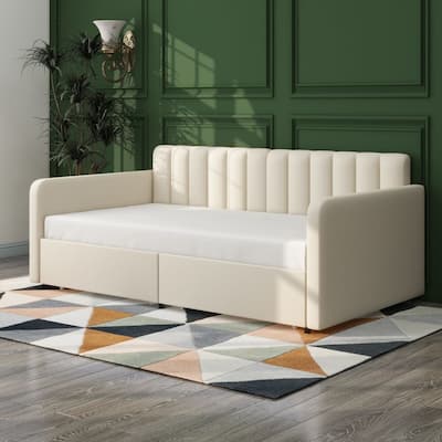 Upholstered Daybed with 2 Drawers, Twin, Ivory Velvet, Ribbed Tufted Backrest
