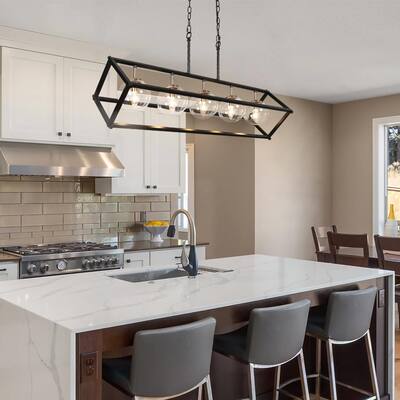 Mid-Century Modern 5-Light Black Gold Chandelier Geometric Glass Pendant Lights for Dining Room - 41.5"L x 20"W x 19.5"H