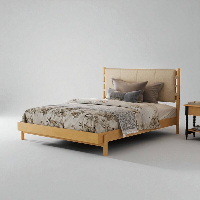 Mid Century Modern Queen/King Rubber Wood Platform Bed Frame with Headboard, Solid Wood Bed No Box Spring Needed - Beige - Queen