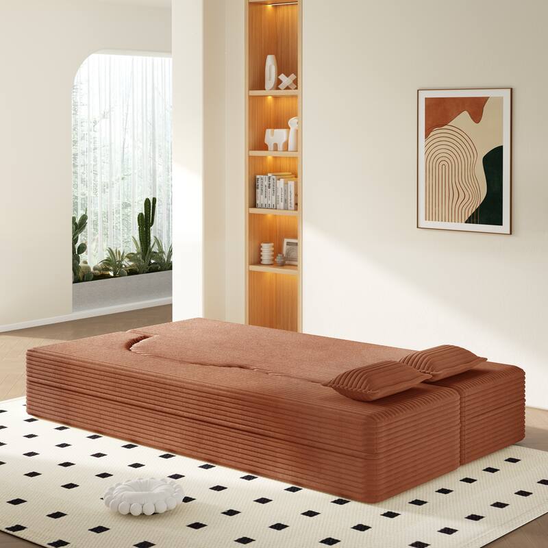 Modern Floor Sofa Bed, Convertible Corduroy Sleeper Couch Folding Loveseat with 2 Pillows