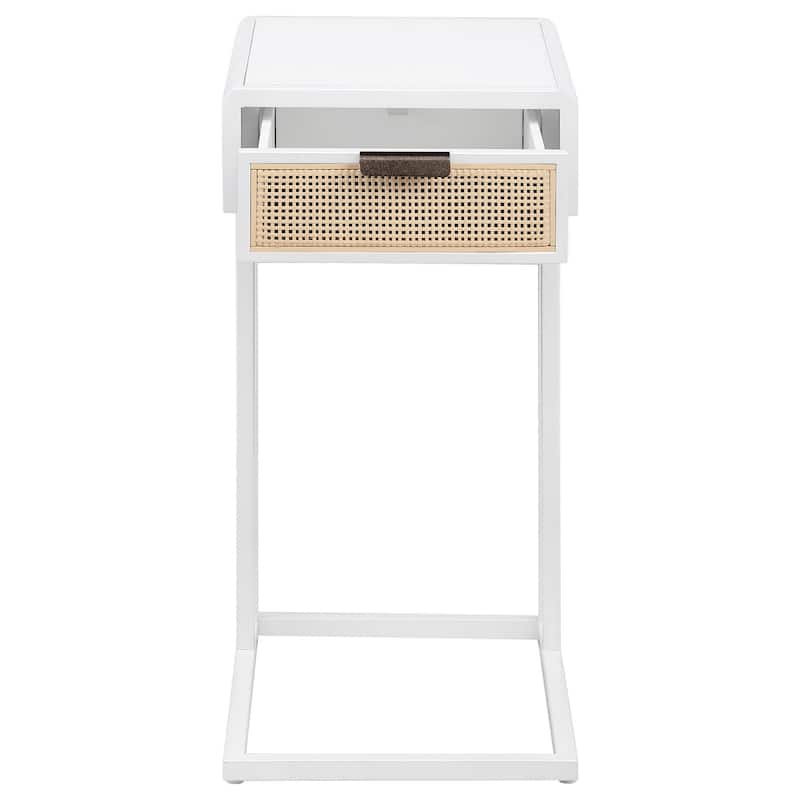 Lanie Side C Table, 1 Drawer, Sleek White Metal Frame, Faux Rattan