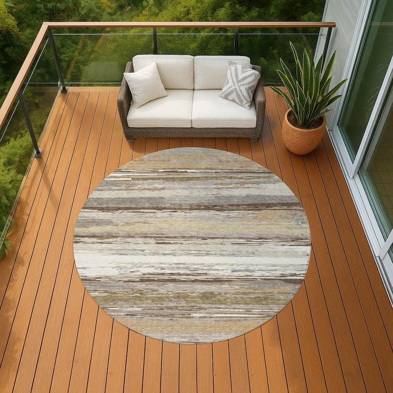Machine Washable Indoor/ Outdoor Abstract Stripes Chantille Rug - Beige - 8' x 8'