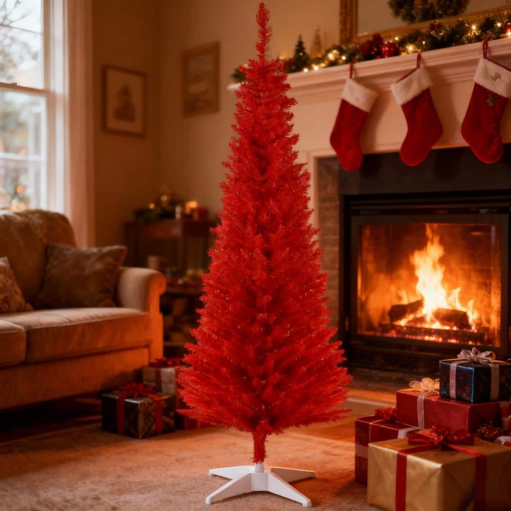 Vibrant Christmas Tree,Artificial Pencil Tree with White Base, Perfect for Stylish Holiday Displays - Red