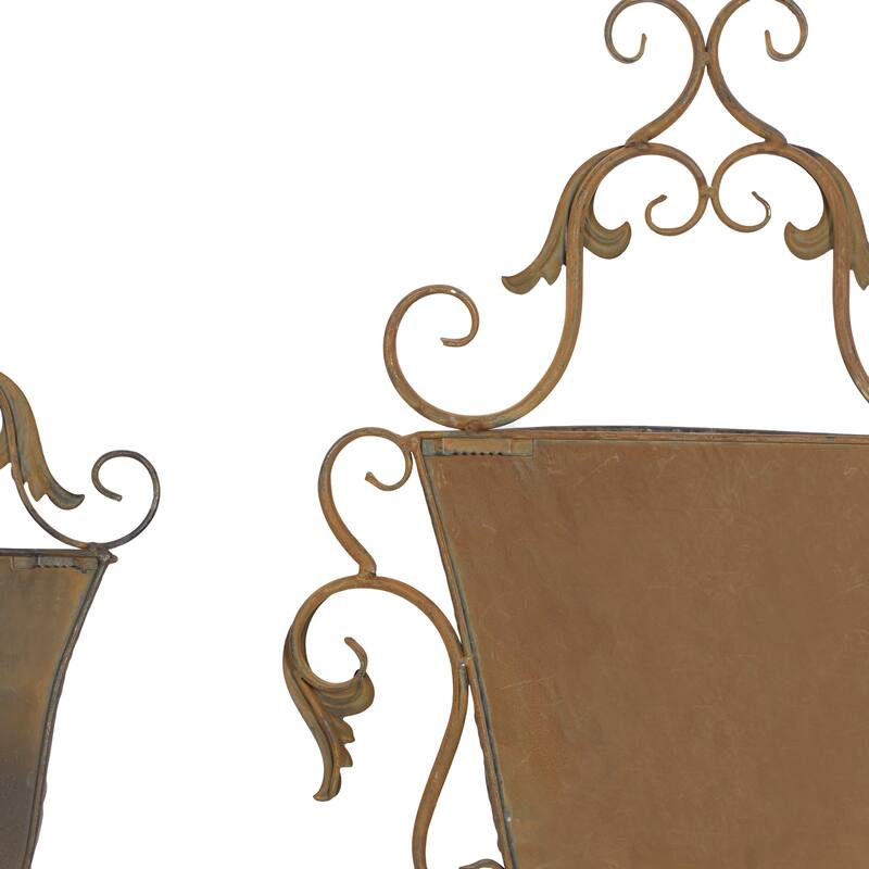 Brown Metal Indoor Outdoor Hanging Vintage Scroll Indoor Outdoor Wall Planter with Vine Accents (Set of 2)
