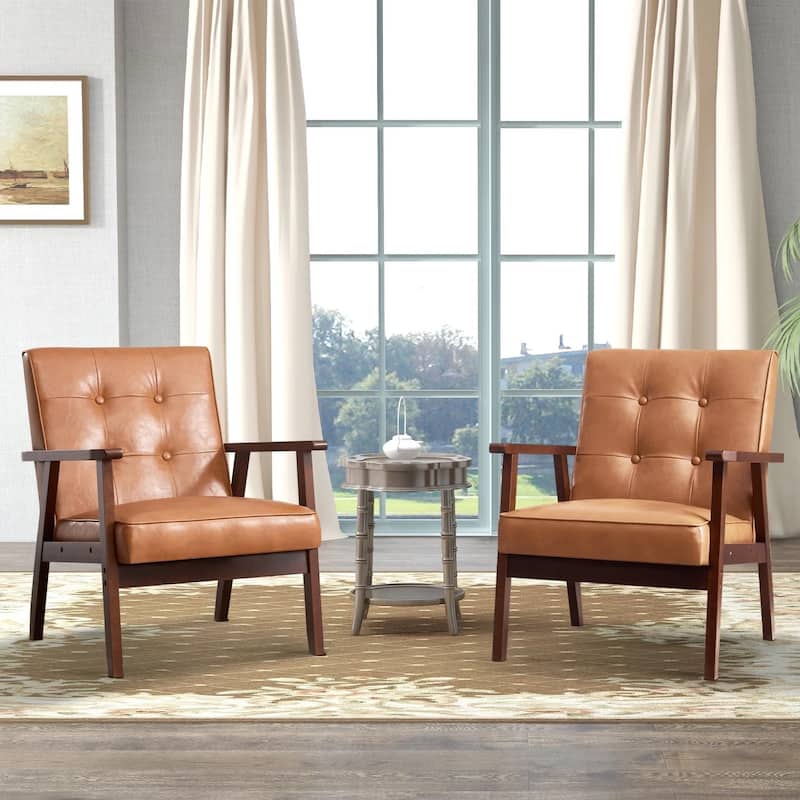 Ebello Mid-Century Modern Upholstered Leather Accent Chair with Solid Wood Frame - 2PCS-Orange