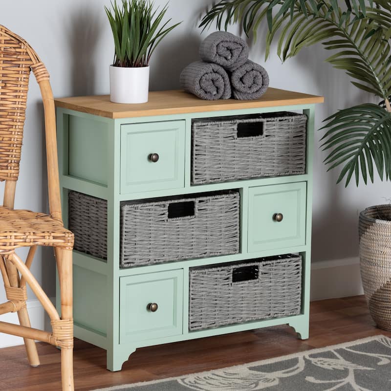 Valtina Modern and Contemporary Two-Tone Oak Brown and Mint Green Finished Wood 3-Drawer Storage Unit with Baskets