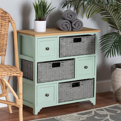 Valtina Modern and Contemporary Two-Tone Oak Brown and Mint Green Finished Wood 3-Drawer Storage Unit with Baskets