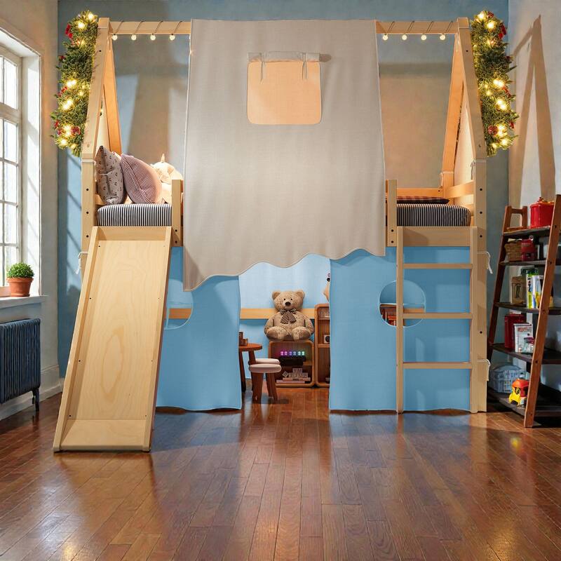House Loft Bed with Slide & Tent, Solid Wood Kids Bed w/ Ladder, Guardrails, Playhouse Design, No Box Spring Needed