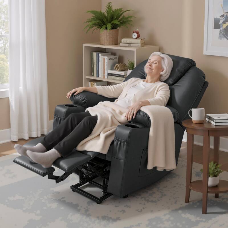 MCombo Small Power Lift Recliner Chair with Massage and Heat for Elderly, 3 Positions and USB Ports Faux leather 7141 - Black