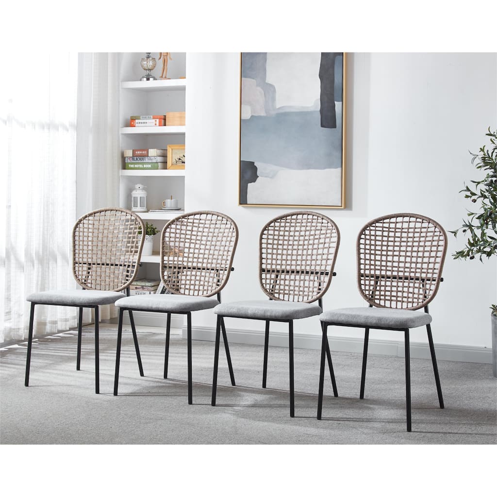 4 Piece Woven Kitchen Dining Chairs with Cushions, Backrests, Stainless Steel Legs for Dining Room Kitchen Living Room Bedroom