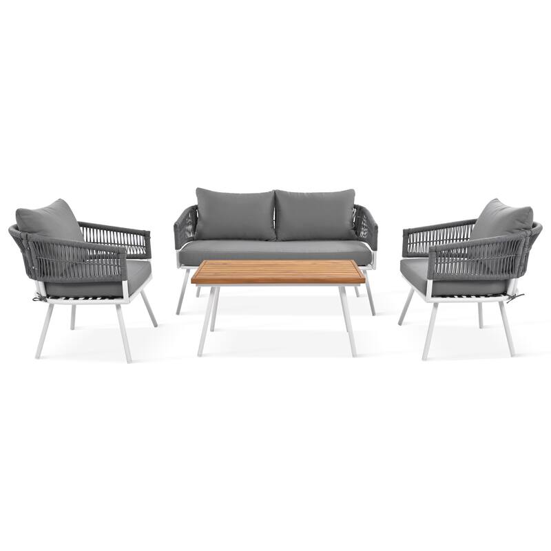 4-Piece Boho Sling Patio Conversation Set Outdoor Seating Set with Gray Cushions and Acacia Wood Coffee Table