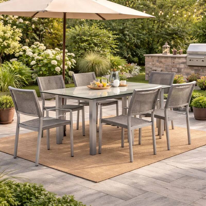 Kylo 7 Piece Dining Table Set, Aluminum, Gray Rope Weave Backrest and Seat