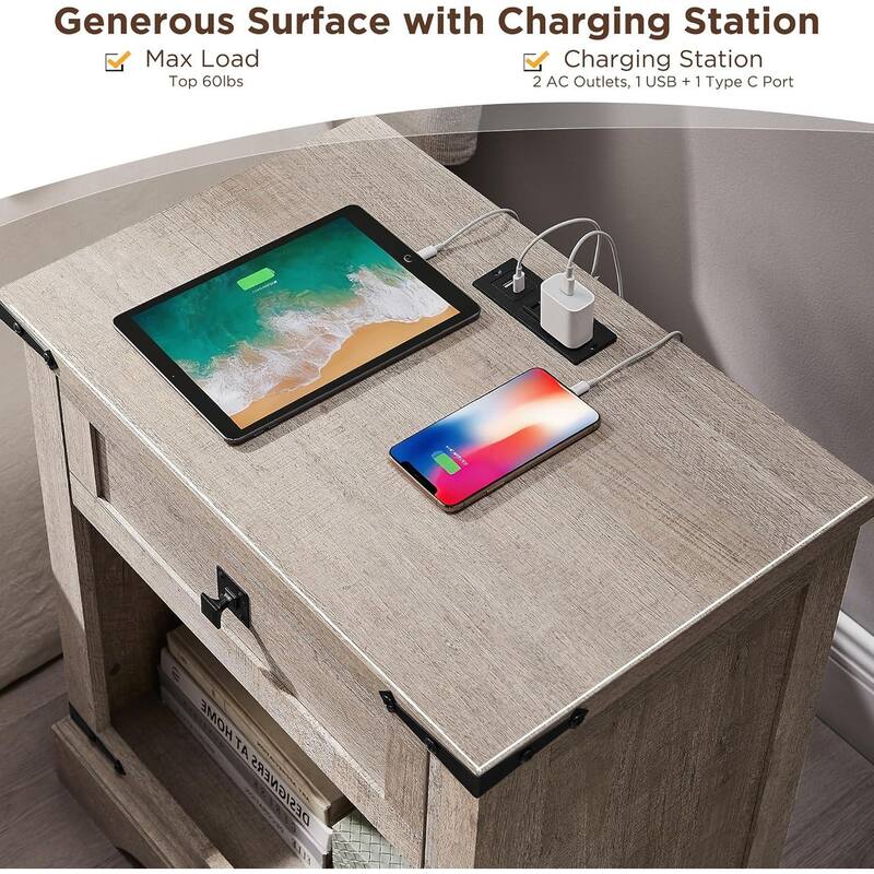 Farmhouse Nightstand with Charging Station，Beside Table for Bedroom