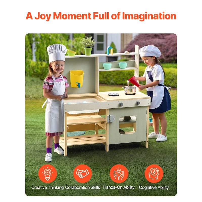 Natural-Green Cedar Wood Outdoor Mud Kitchen Playset with Accessories - 15” D x 35” W x 39” H
