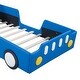 preview thumbnail 7 of 8, Twin Size Race Car-Shaped Bed with Wheels for Kids, PU Leather Wood Platform Bed w/Wood Slat Support, No Box Spring Needed Blue