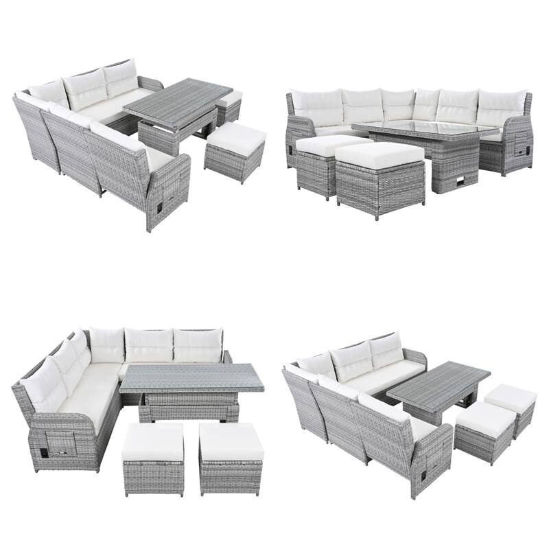 Outdoor Rattan Furniture Set with Extendable Table and Two Ottomans