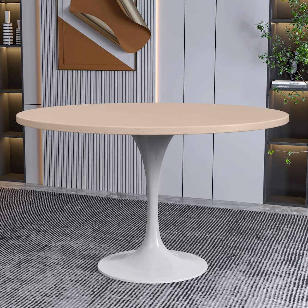 Verve Modern Round MDF Wood Top Dining Table with White Finish Steel Pedestal Base Furniture for Kitchen and Dining Room - 47.24